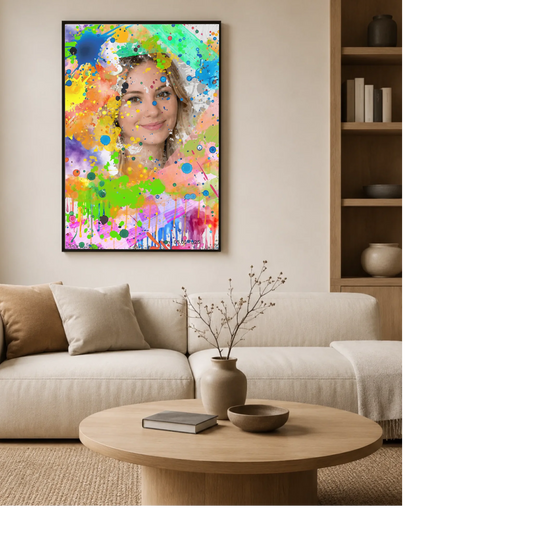 Leinwand an der Wand lehnend im Wohnzimmer ohne Rahmen