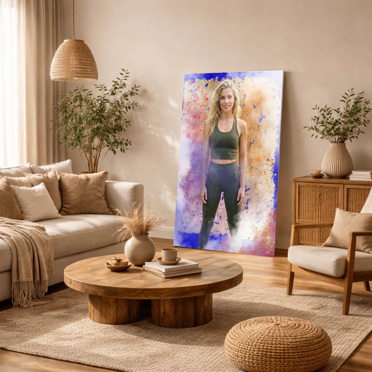 Leinwand an der Wand lehnend im Wohnzimmer ohne Rahmen